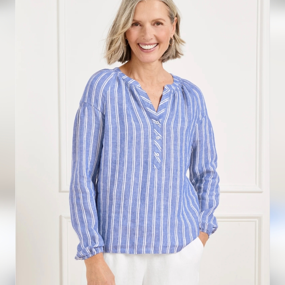 Talbots Lantern Sleeve Linen Top - Petal Stripe